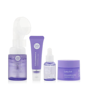 Set of Cathy Doll skincare products including a cleanser, serum, and mask on a white background.