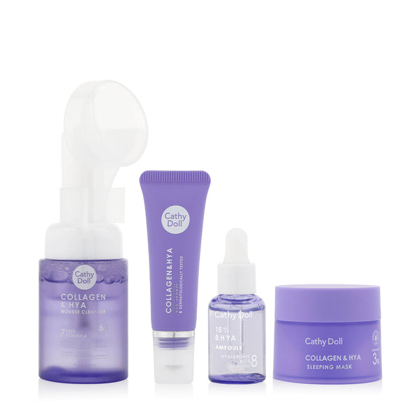 Set of Cathy Doll skincare products including a cleanser, serum, and mask on a white background.