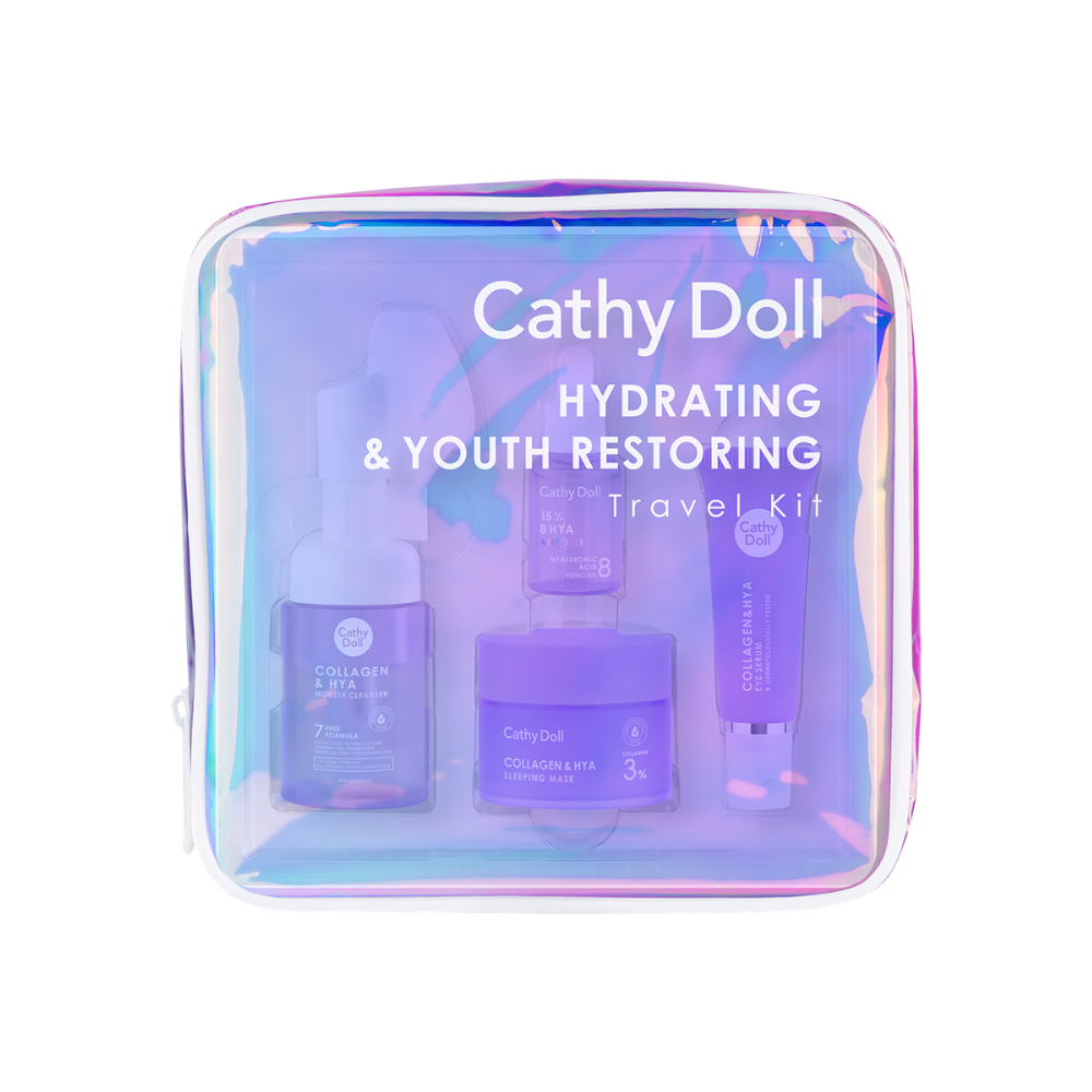 Set of Cathy Doll skincare products including a cleanser, serum, and mask on a white background.